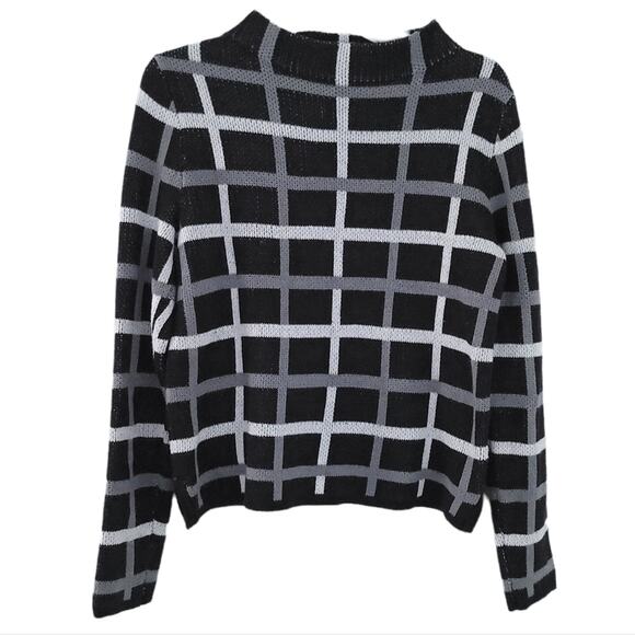 Old Navy Plaid Windowpane Mockneck Sweater Small Black White Gray  Neutral - Picture 1 of 3